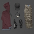 A flat lay of casual men's clothing and accessories including a maroon hoodie, olive green pants, a charcoal grey baseball cap, black leather sneakers, and a black belt with a silver buckle, all arranged on a dark grey background.
