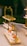 A set of elegantly plated appetizers displayed on wooden trays with decorative gold-colored stands. The dishes are presented on small white boat-shaped dishes, containing portions of salmon garnished with herbs. The setting appears to be outdoors, possibly at a catered event or upscale gathering.