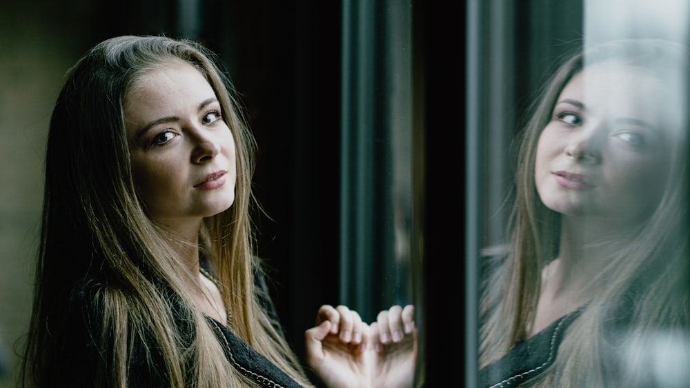 woman in black leather jacket