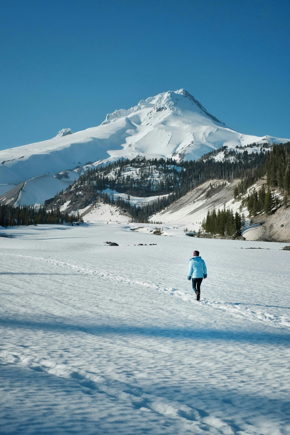 Person in roter Jacke und blauer Hose, die tagsüber auf schneebedecktem Boden läuft