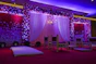 red and white stage with red curtain