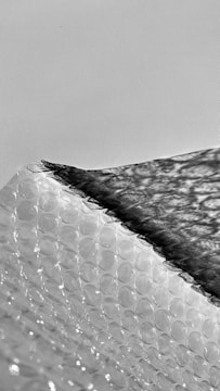 A textured surface of plastic bubble wrap is partially covered by a dark shadow, creating a striking contrast. The bubbles are evenly distributed, and the shadow adds depth and dimension.