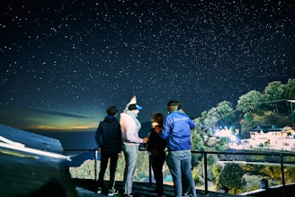 Four people stand on a platform, gazing at a clear, star-filled night sky. One person points upwards as if indicating a particular star or constellation. The background features a distant cluster of buildings among trees, illuminated by bright lights. The scene suggests a calm, observational activity under a vast celestial display.