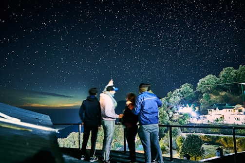 Four people stand on a platform, gazing at a clear, star-filled night sky. One person points upwards as if indicating a particular star or constellation. The background features a distant cluster of buildings among trees, illuminated by bright lights. The scene suggests a calm, observational activity under a vast celestial display.