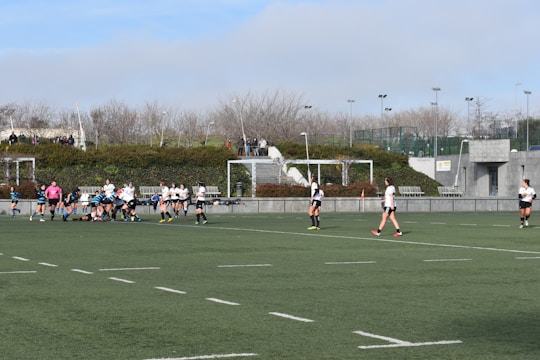 A group of people are playing rugby on a grass field. Several players are clustered around the ball, while others watch or prepare to engage. The players are wearing uniforms in black and white, and the referee is wearing a bright pink shirt. The field is surrounded by a hedge and a few benches, with a sparse audience watching from the sidelines.