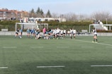 A group of athletes are playing rugby on a green field. The teams are distinguishable by their uniforms; one team wears black and white, while the other wears blue and black stripes. In the background, there are spectators sitting on steps and standing, watching the game. The setting is outdoors, possibly in a park or sports complex, with bare trees and bushes beyond the field.