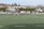 A group of athletes are playing rugby on a green field. The teams are distinguishable by their uniforms; one team wears black and white, while the other wears blue and black stripes. In the background, there are spectators sitting on steps and standing, watching the game. The setting is outdoors, possibly in a park or sports complex, with bare trees and bushes beyond the field.