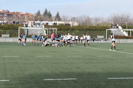 A group of athletes are playing rugby on a green field. The teams are distinguishable by their uniforms; one team wears black and white, while the other wears blue and black stripes. In the background, there are spectators sitting on steps and standing, watching the game. The setting is outdoors, possibly in a park or sports complex, with bare trees and bushes beyond the field.