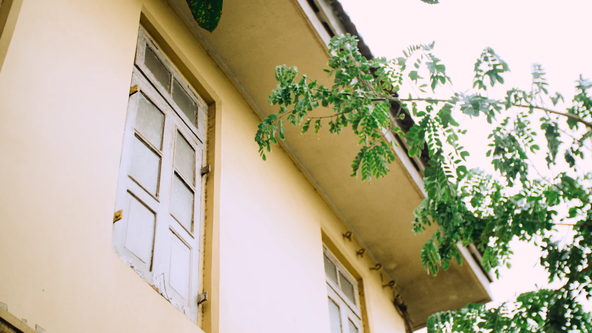 Older low-rise building with wooden windows