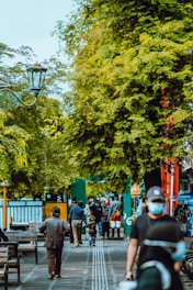 People are walking and interacting on a pathway lined with trees. Some individuals are seen from behind, while others are facing the camera. The area appears busy with several benches, a street lamp, and market stalls visible. The image has a lively urban atmosphere with lush green trees providing shade.