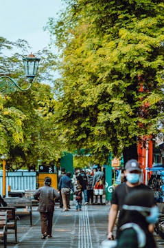 People are walking and interacting on a pathway lined with trees. Some individuals are seen from behind, while others are facing the camera. The area appears busy with several benches, a street lamp, and market stalls visible. The image has a lively urban atmosphere with lush green trees providing shade.