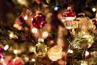 red and yellow baubles on green christmas tree