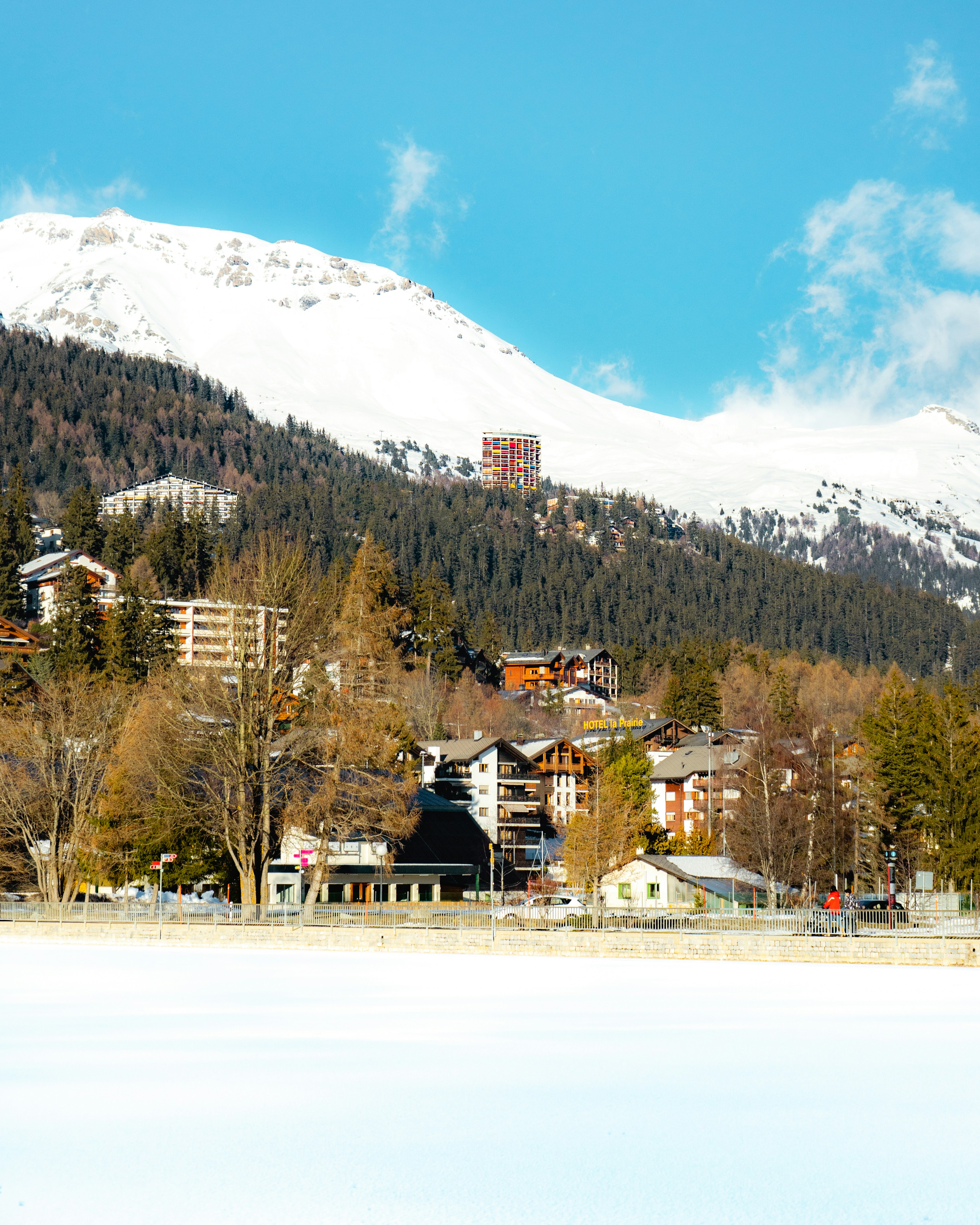 brown and white house near trees and snow covered mountain during daytime