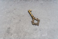 Close-up of an antique brass key resting on an old leather-bound book.