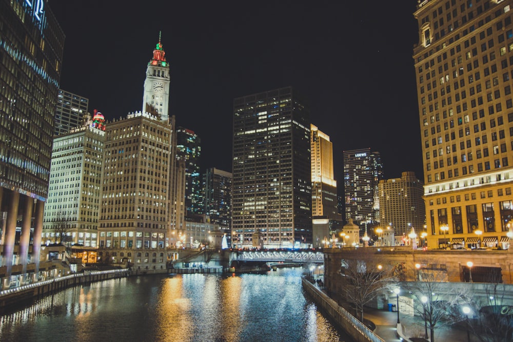 city skyline during night time