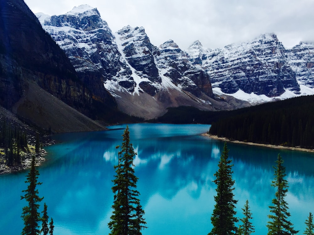 lake surrounded by trees and snow covered mountains