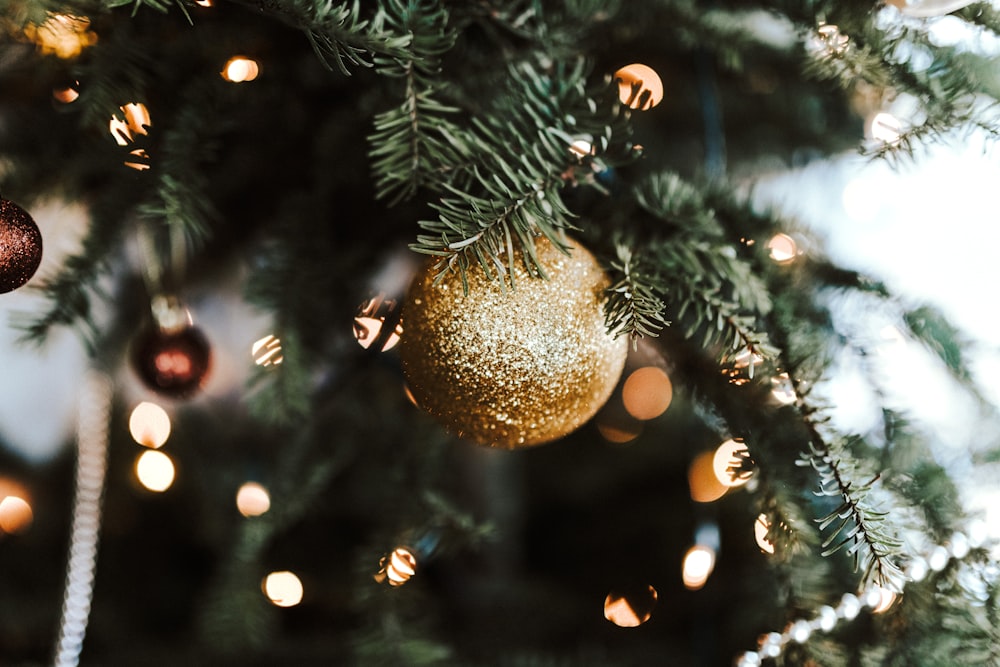 gold bauble on christmas tree