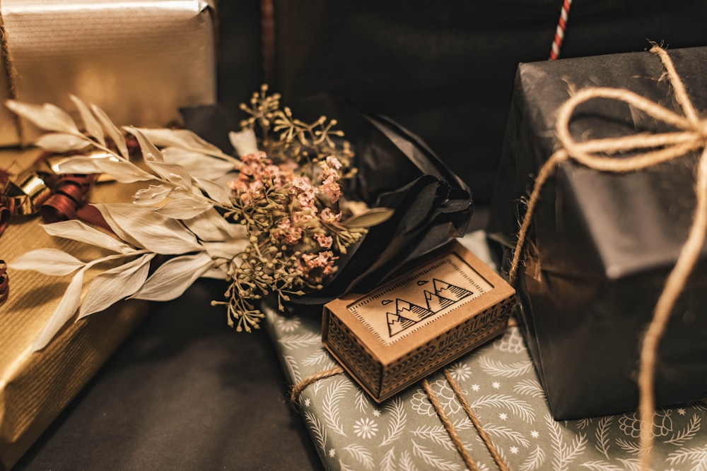 gold and white floral ornament on brown book