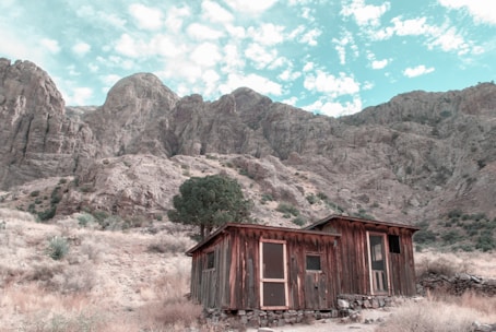 A rustic off-grid cabin nestled among New Mexico desert shrubs under a bright blue sky.