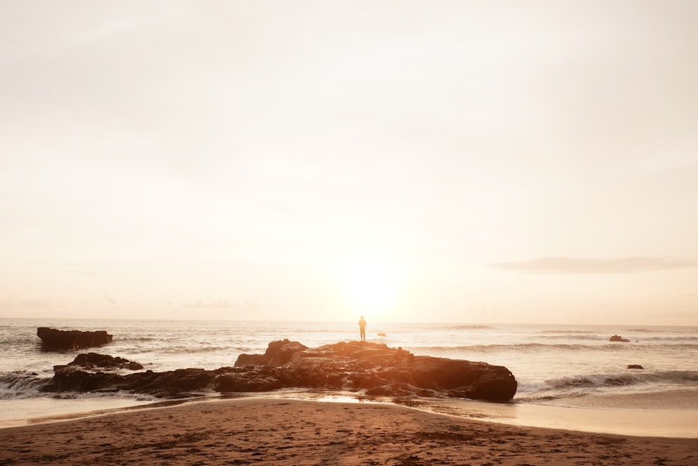 person standing on rock formation near body of water during daytime