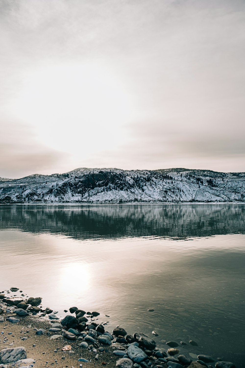 lake near snow covered mountain