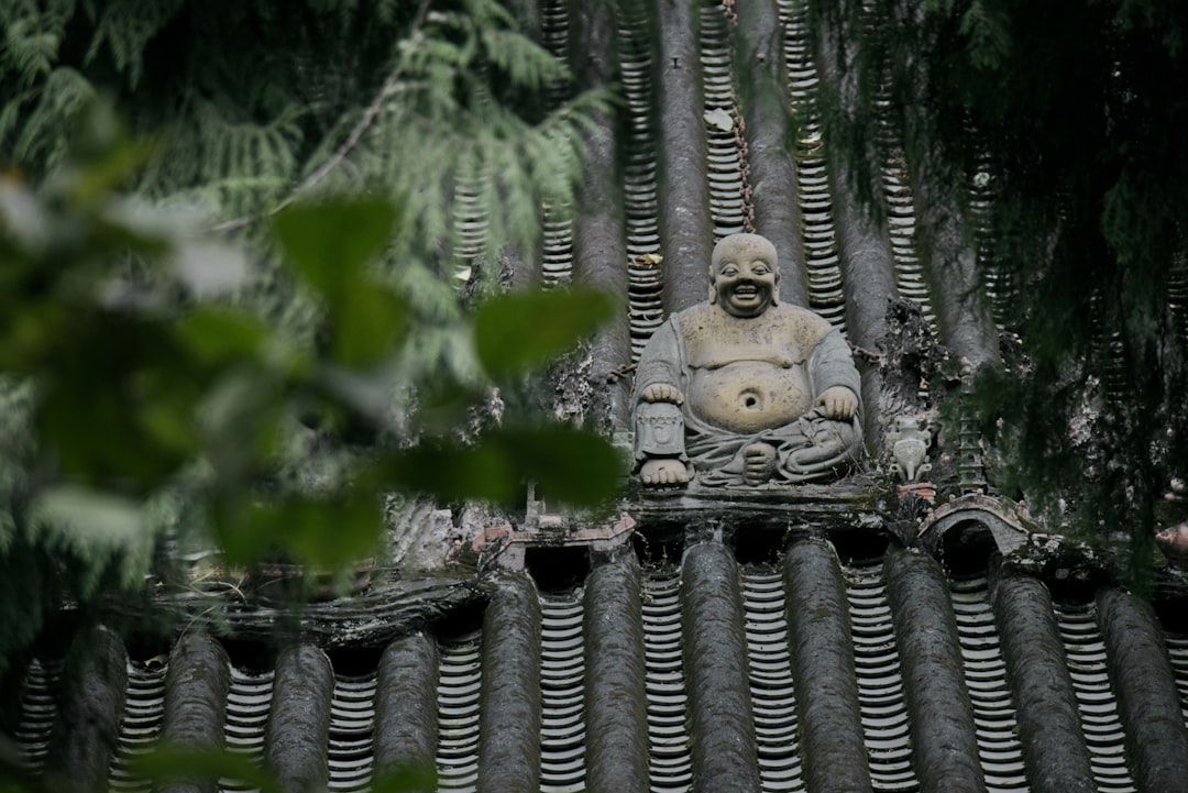 gray concrete buddha figurine on black metal fence