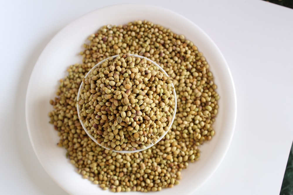 frijoles marrones en plato de cerámica blanca