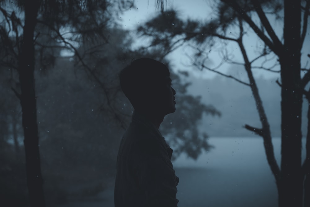 silhouette of man standing near body of water during daytime