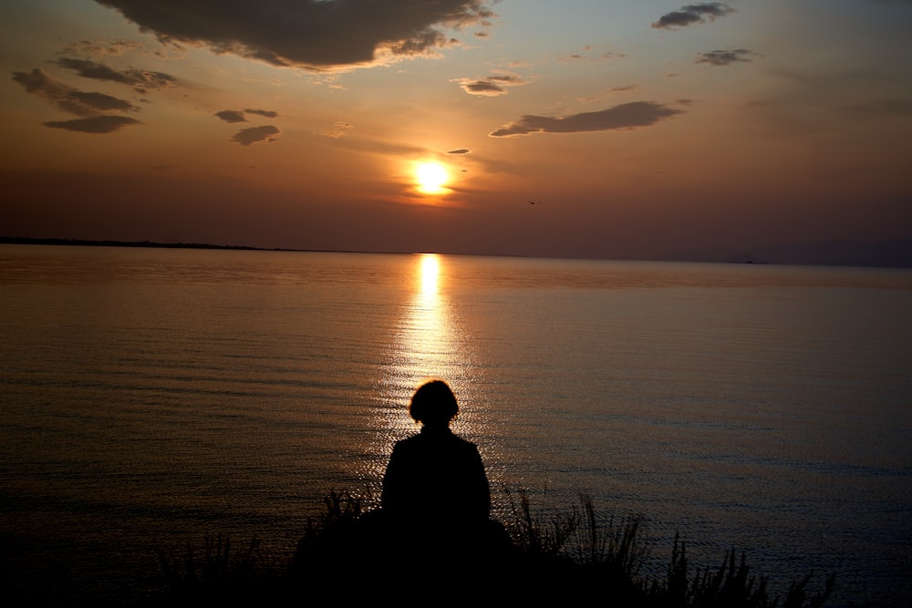 silhouette of person sitting on grass near body of water during sunset