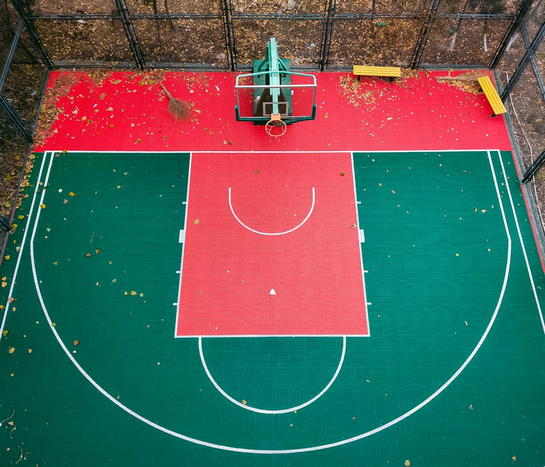 aerial view of red and green basketball court