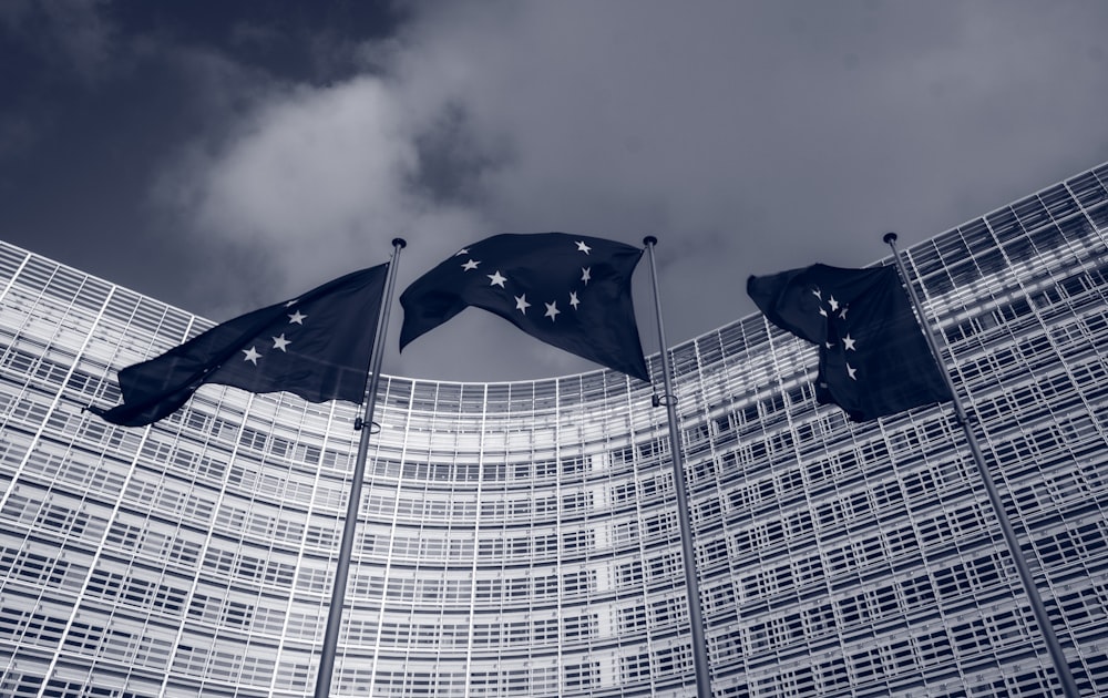 Bandera azul en un mástil cerca de un edificio