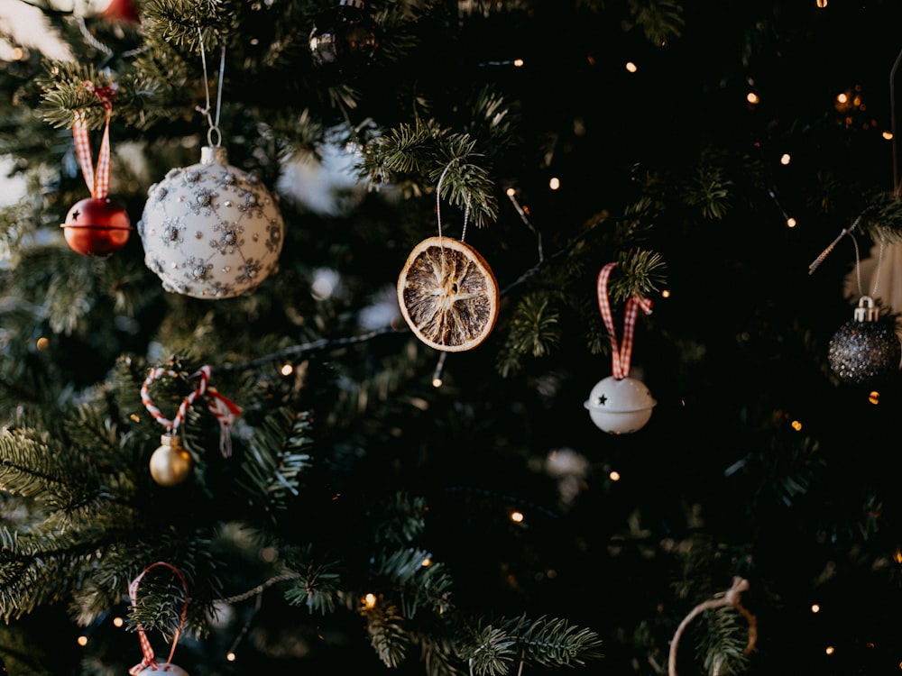 silver baubles hanging on christmas tree