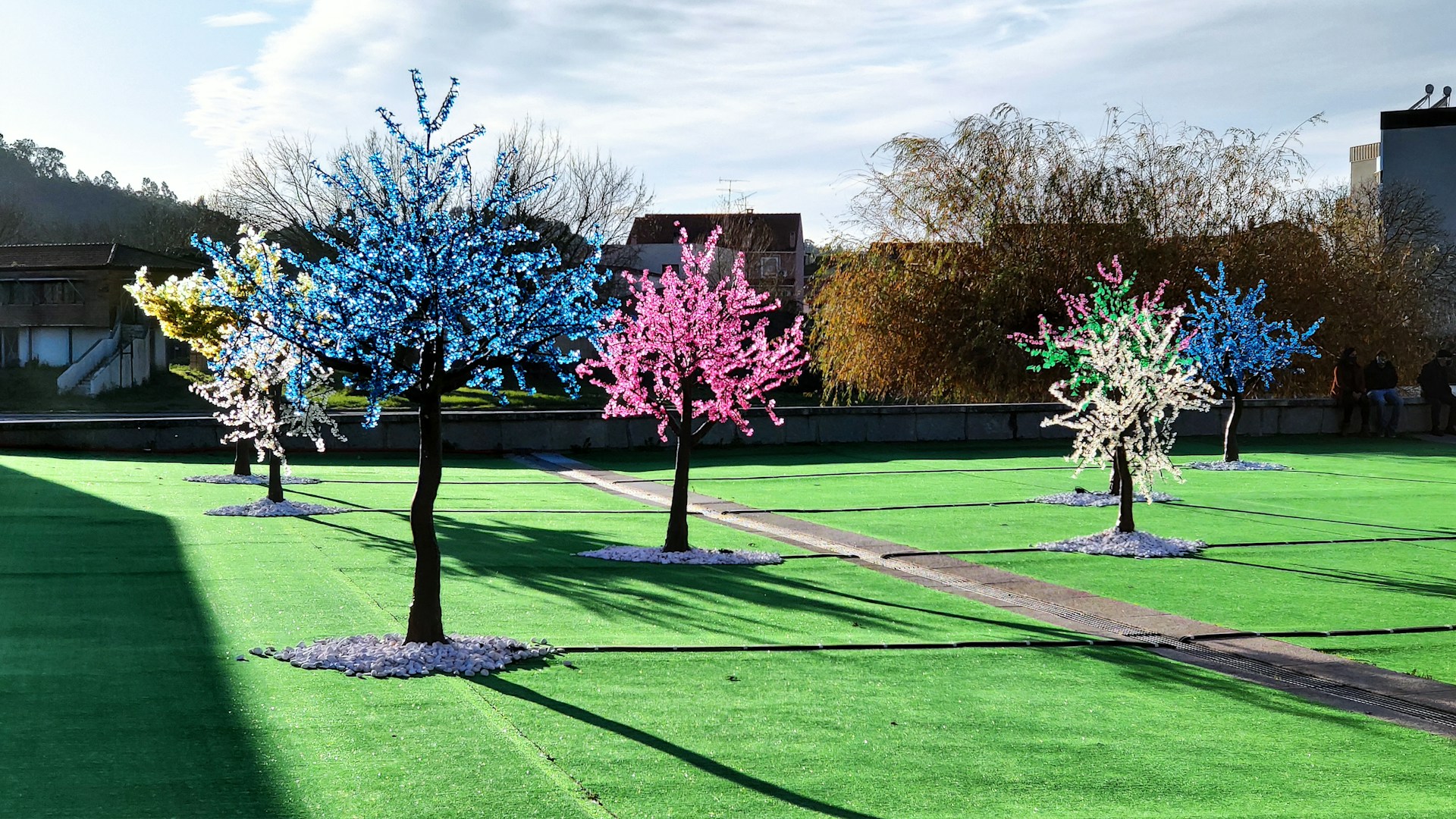 A series of artificial trees with bright, colorful lights are arranged in a landscaped area with green turf. Each tree is adorned with clusters of blue, pink, white, and yellow lights, creating a vibrant and festive atmosphere. The sky is mostly clear, and there are buildings and natural trees visible in the background.