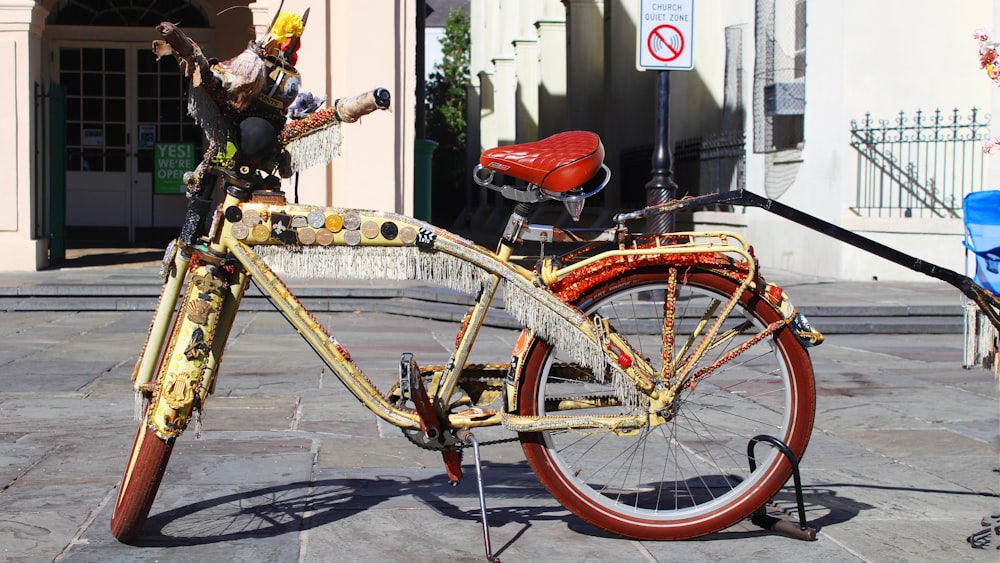 yellow bicycle parked beside red and white bicycle