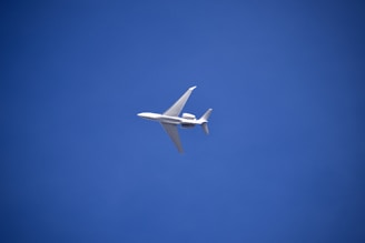 A modern airplane soaring through a clear blue sky.