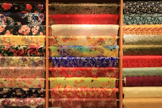 red and blue floral textile