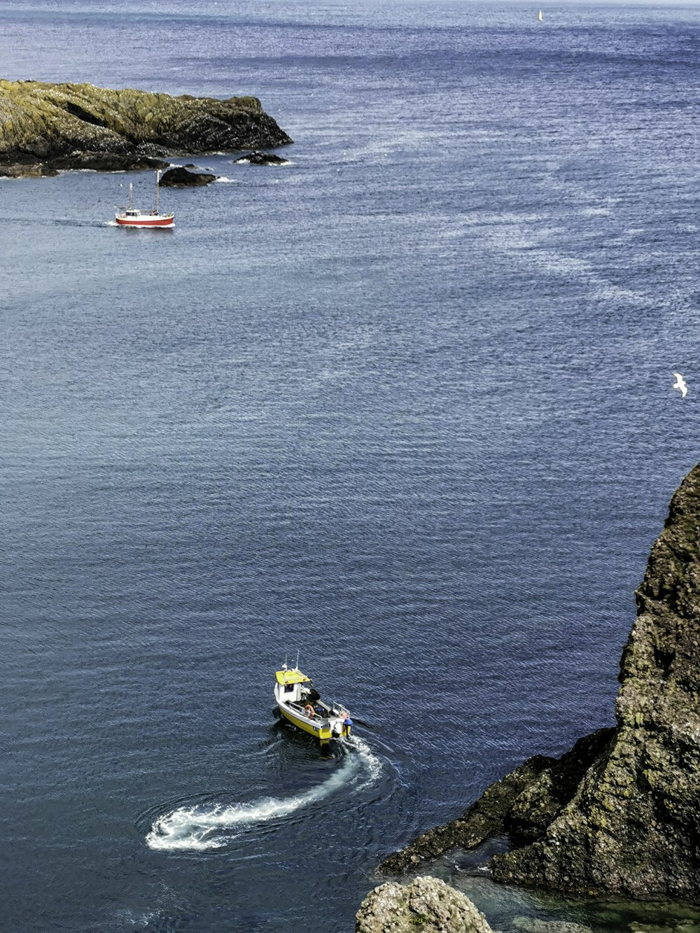 yellow and blue boat on blue sea during daytime