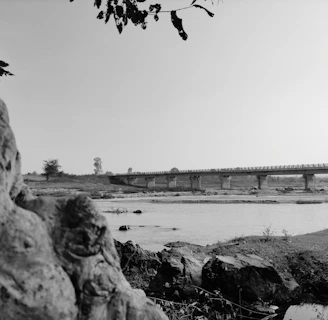 Minimalist black and white photo of a river flowing through Brazilian natural landscape.