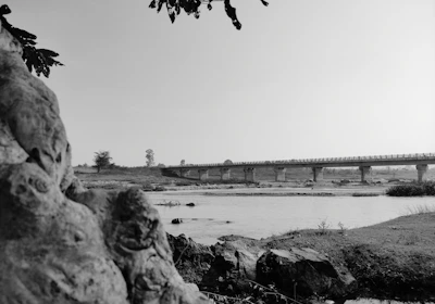 Minimalist black and white photo of a river flowing through Brazilian natural landscape.