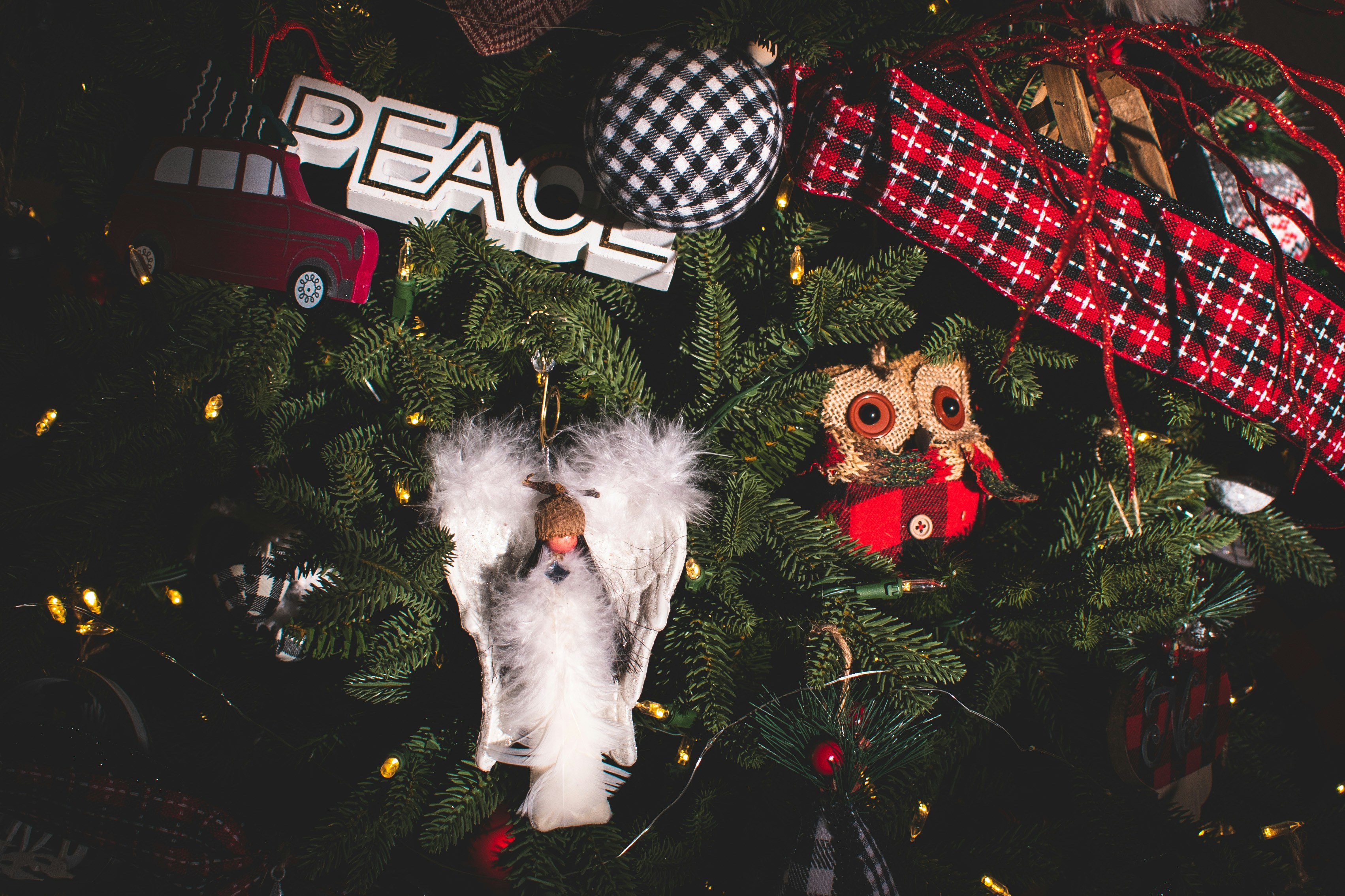White fur ornament on green christmas tree photo Free Plant Image on