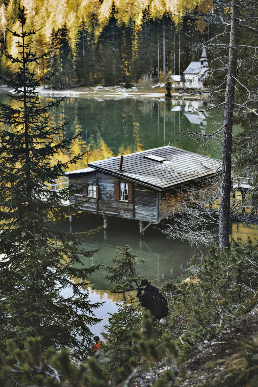 brown wooden house near lake surrounded by trees during daytime