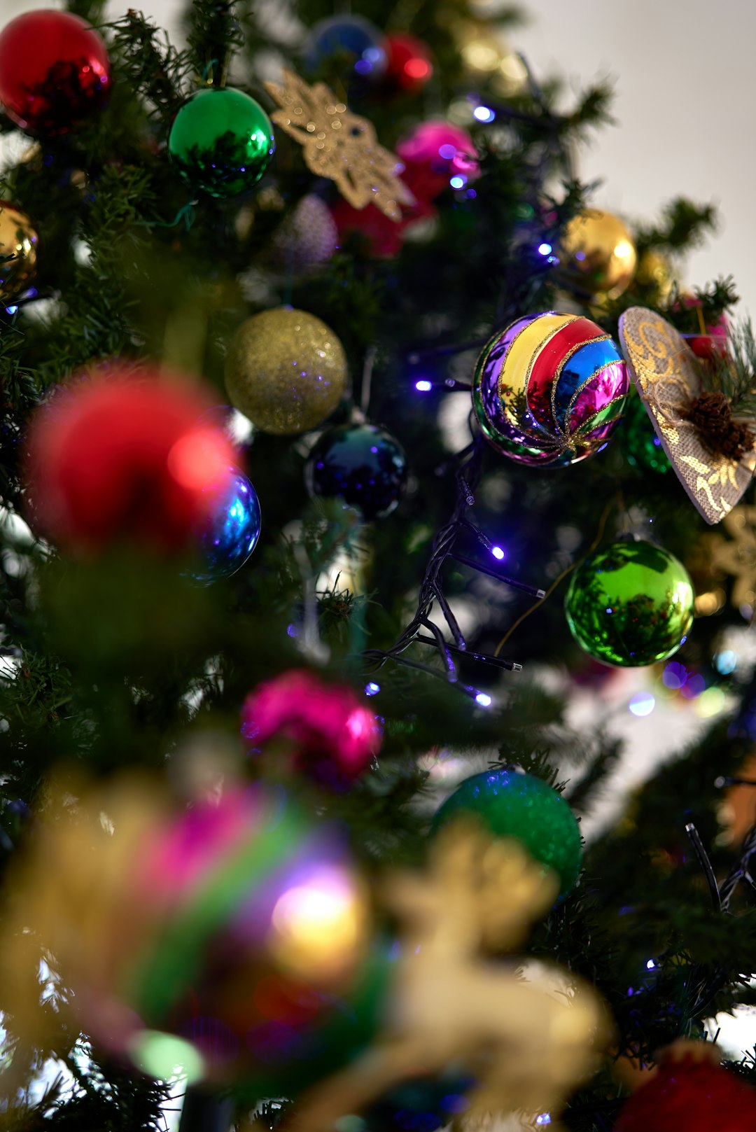 green blue and red baubles