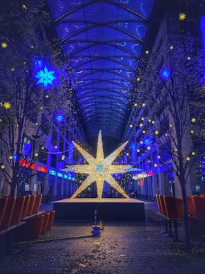 A large illuminated star sculpture stands in the center of an arcade with a glass ceiling. Blue and yellow star-shaped lights hang from the ceiling and adorn the surrounding trees, creating a festive atmosphere. The surrounding area is lined with empty benches and small trees, with leaves scattered on the ground.