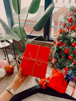 A hand holding a red gift box tied with a red and white string. In the background, a festive Christmas tree adorned with red ornaments and lights stands next to a large green houseplant. Balloons in shades of white, pink, and red rest on the floor, and a small red heart-shaped pillow is near the base of the tree.
