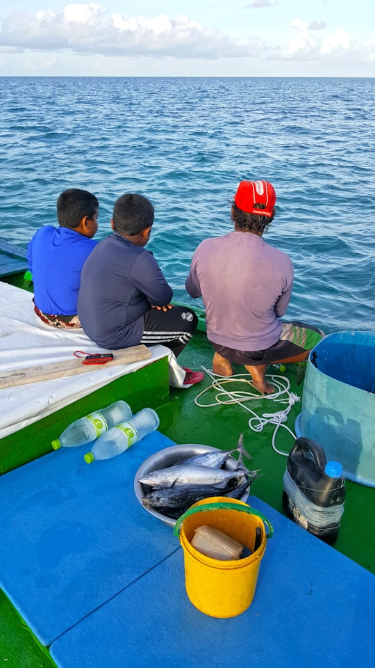 man in blue shirt and man in gray shirt sitting on boat during daytime in Vaavu Atoll Maldives