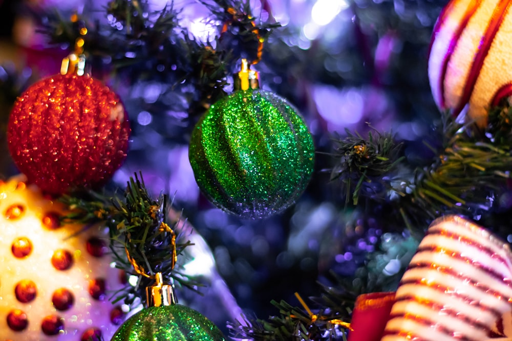 green and red christmas baubles