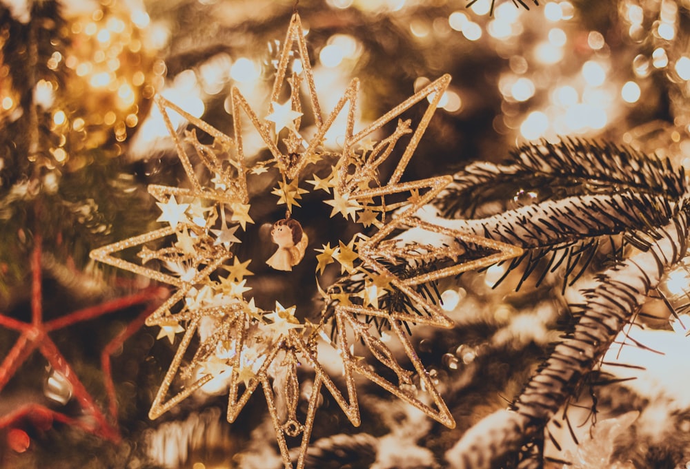 white and brown snowflake ornament