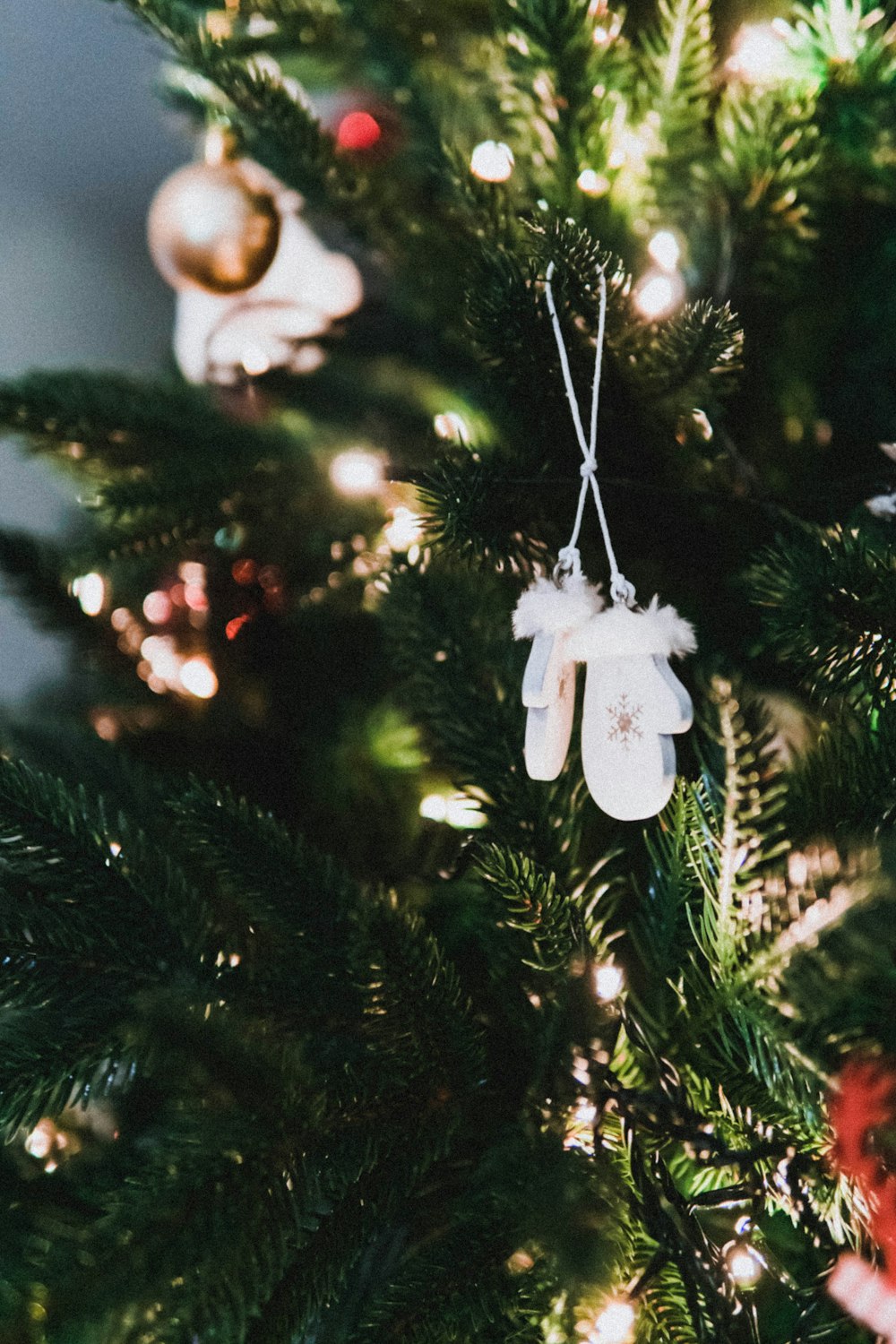 mariposa blanca en árbol de navidad verde