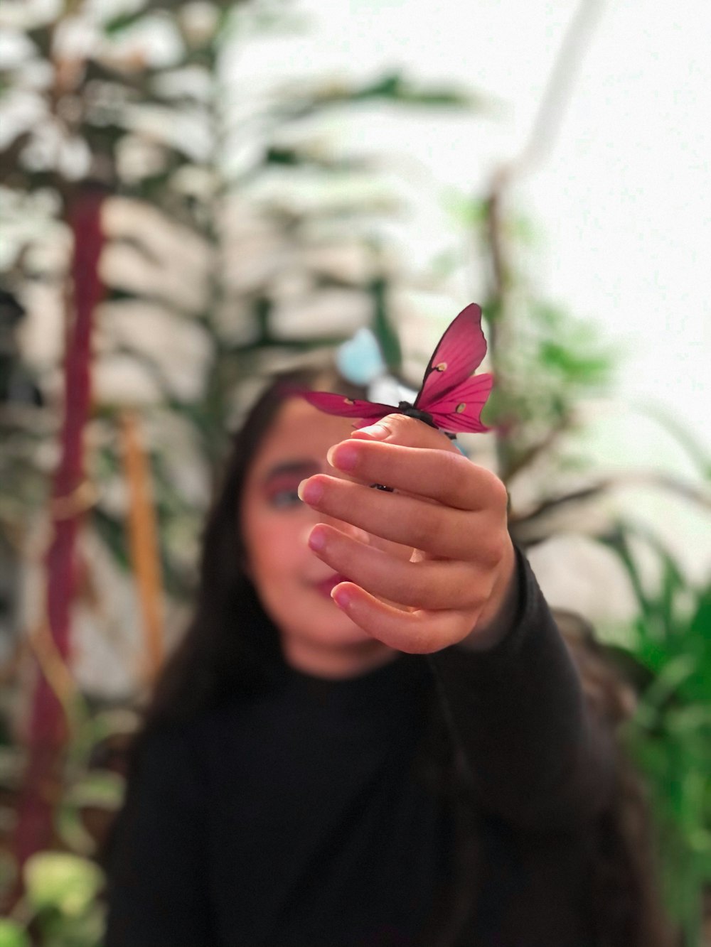 person holding purple and white butterfly