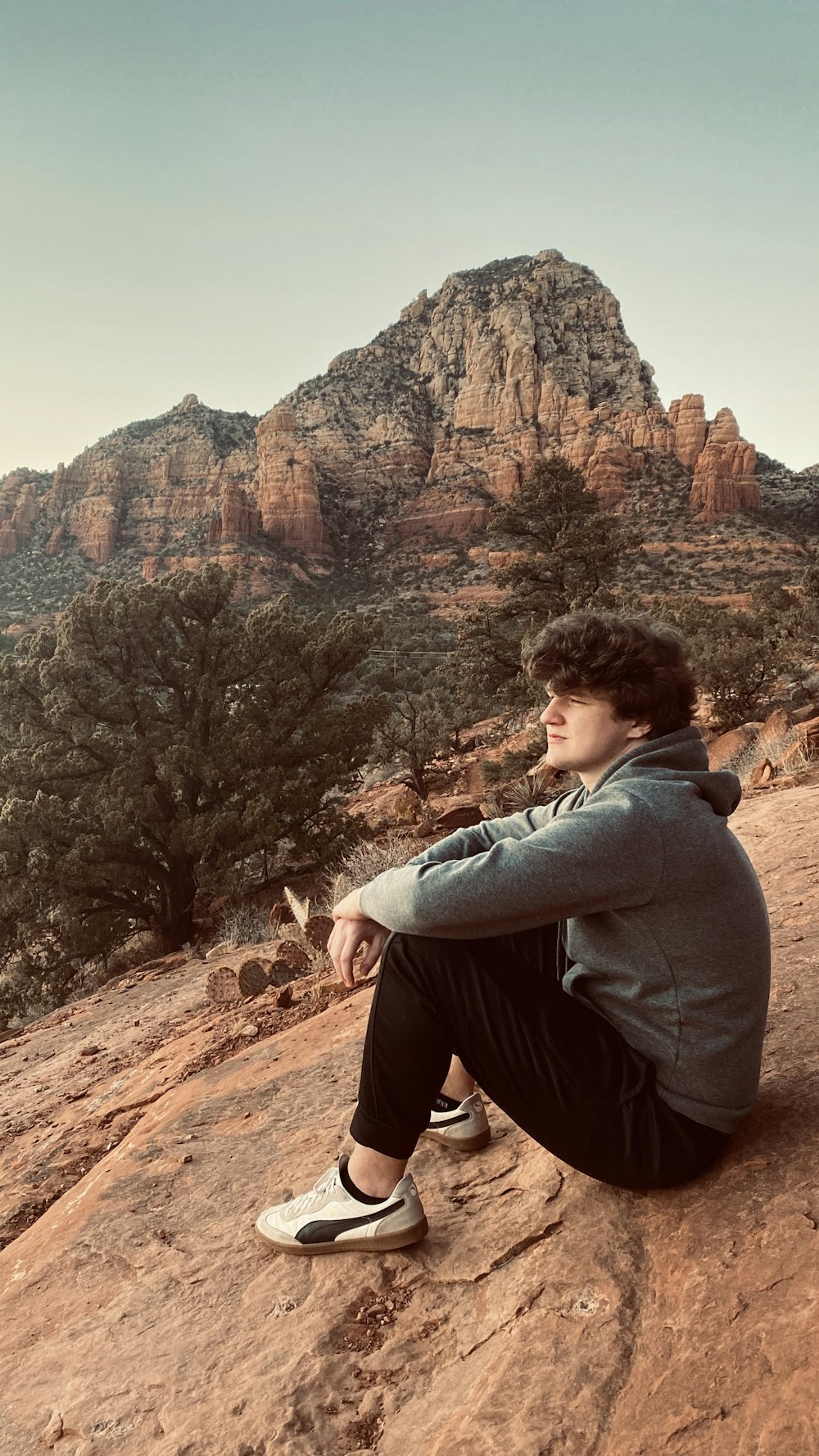 man in gray hoodie standing near brown trees during daytime